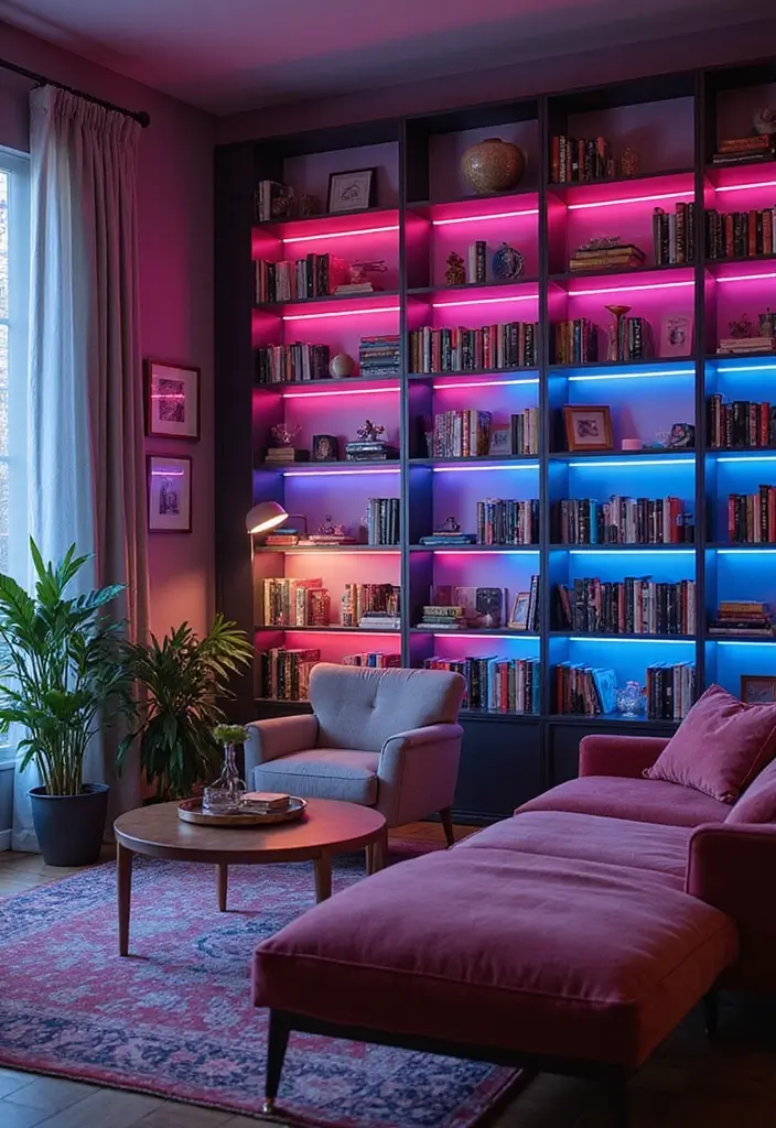 27 Neon Living Room Aesthetic Ideas That Feel Bold and Trendy - 18. Neon Bookshelves