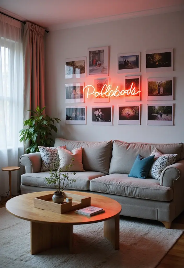 27 Neon Living Room Aesthetic Ideas That Feel Bold and Trendy - 25. Neon Polaroid Wall