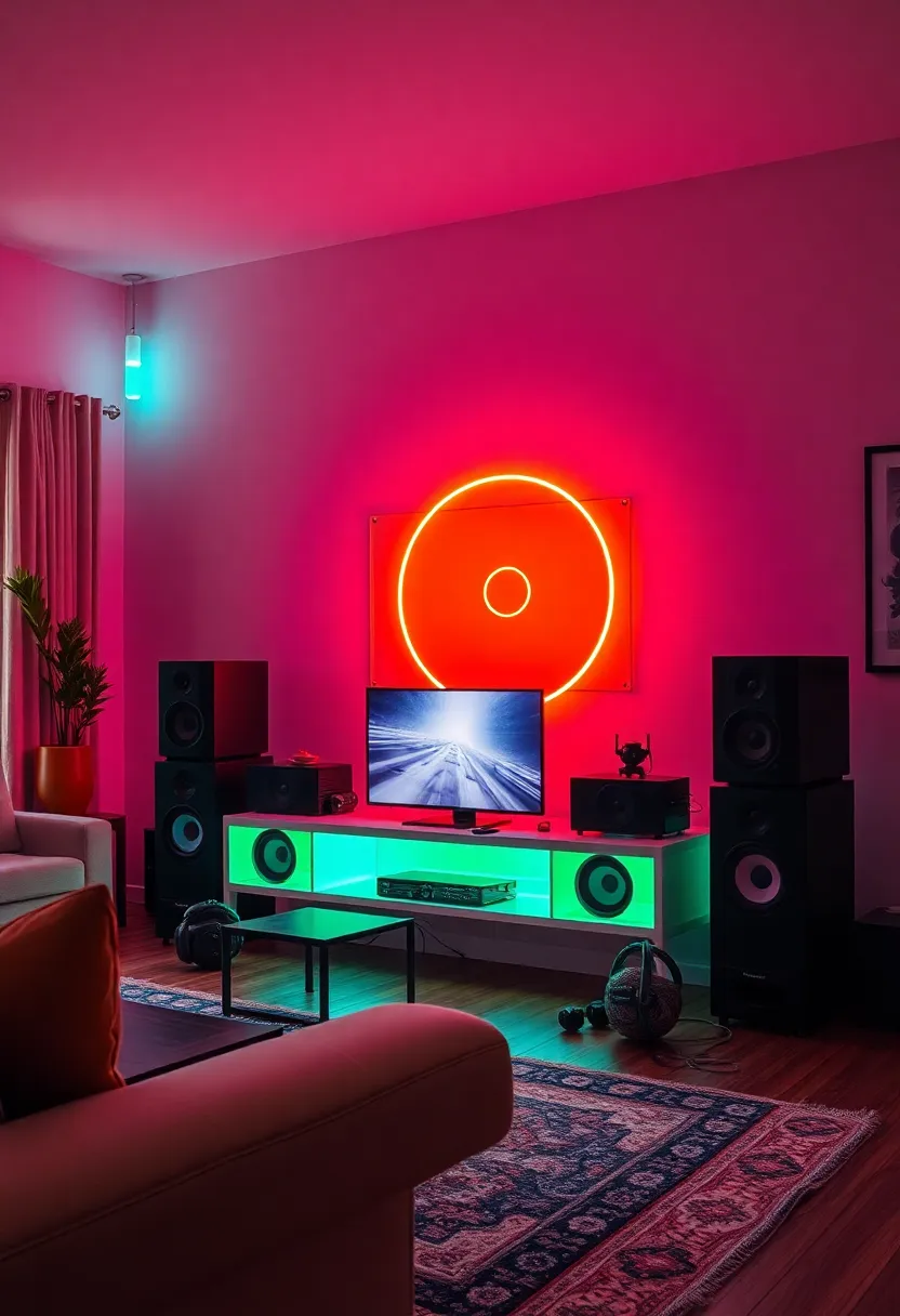 27 Neon Living Room Aesthetic Ideas That Feel Bold and Trendy - 26. Neon Sound System