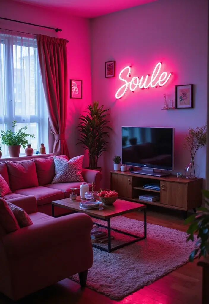 27 Neon Living Room Aesthetic Ideas That Feel Bold and Trendy - 9. Neon Accents in Small Spaces
