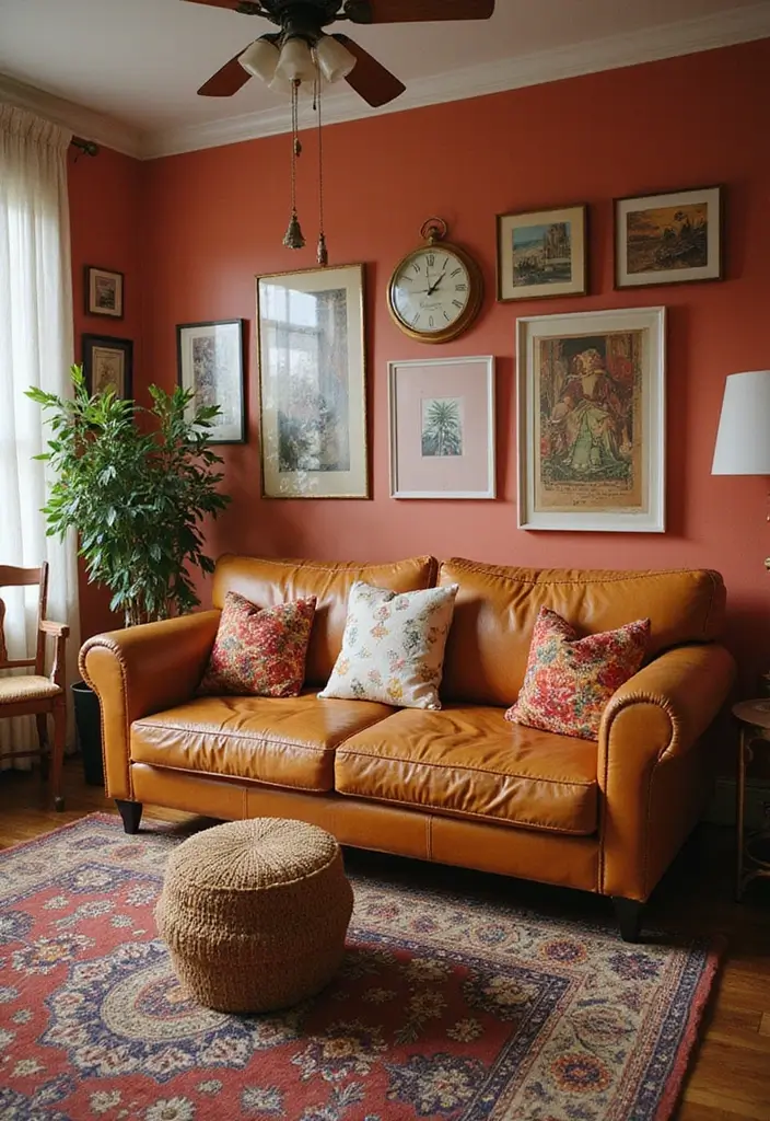 27 Tan Leather Sofa Living Room Color Schemes That Feel Rich and Inviting - 10. Retro Vibes: Fun and Unconventional