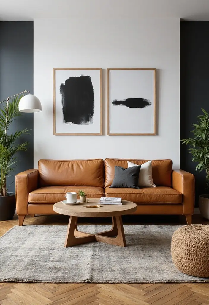 27 Tan Leather Sofa Living Room Color Schemes That Feel Rich and Inviting - 14. Urban Chic: Contemporary and Stylish