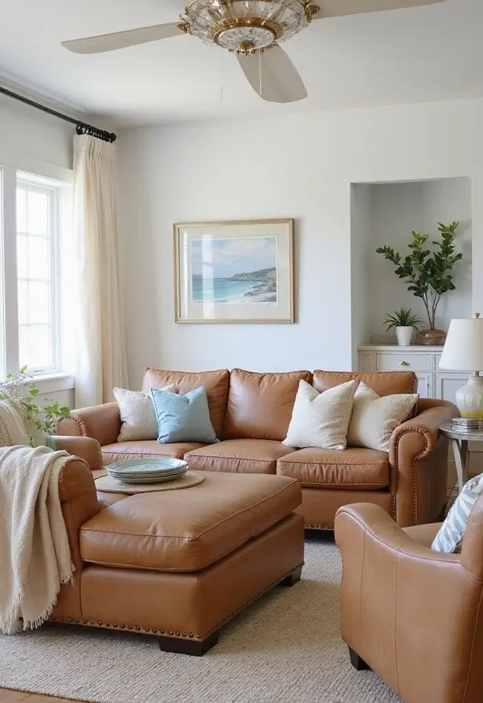 27 Tan Leather Sofa Living Room Color Schemes That Feel Rich and Inviting - 17. Coastal Vibes: Fresh and Breezy