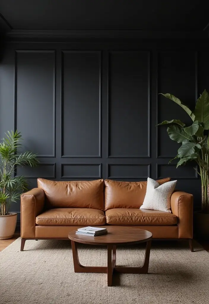27 Tan Leather Sofa Living Room Color Schemes That Feel Rich and Inviting - 18. Dark and Dramatic: Bold and Inviting