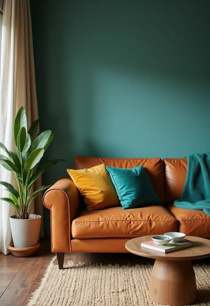 27 Tan Leather Sofa Living Room Color Schemes That Feel Rich and Inviting - 20. Earthy Turquoise: Unique and Inviting
