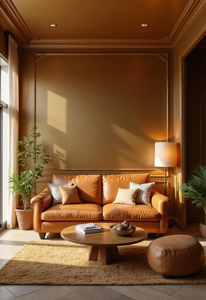 27 Tan Leather Sofa Living Room Color Schemes That Feel Rich and Inviting - 22. Golden Hues: Warm and Radiant