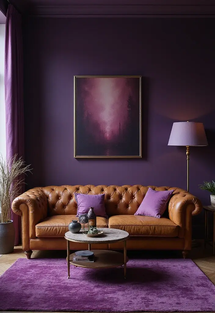 27 Tan Leather Sofa Living Room Color Schemes That Feel Rich and Inviting - 23. Deep Violet: Elegant and Mysterious