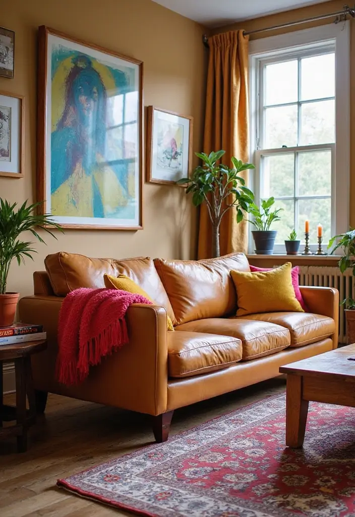 27 Tan Leather Sofa Living Room Color Schemes That Feel Rich and Inviting - 24. Playful Accents: Fun and Eclectic