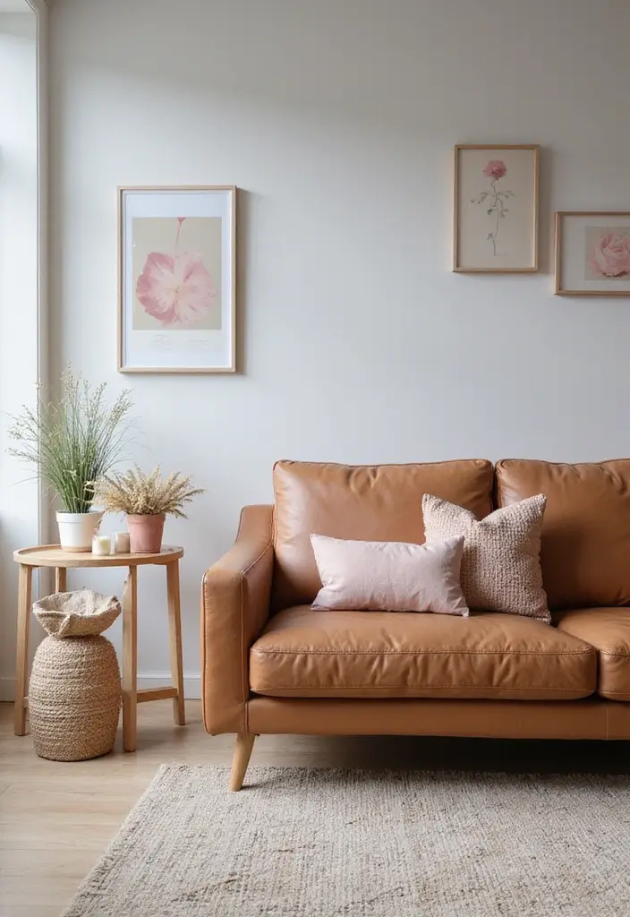 27 Tan Leather Sofa Living Room Color Schemes That Feel Rich and Inviting - 25. Soft Greys and Pinks: Gentle and Inviting