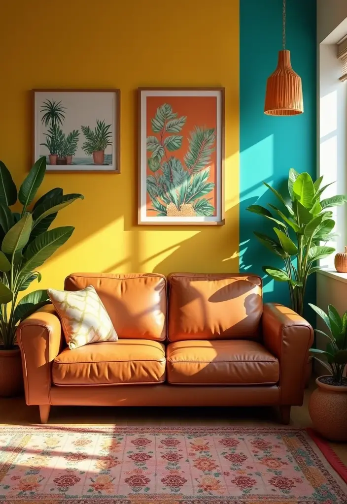 27 Tan Leather Sofa Living Room Color Schemes That Feel Rich and Inviting - 26. Vibrant Tropicals: Lively and Fun