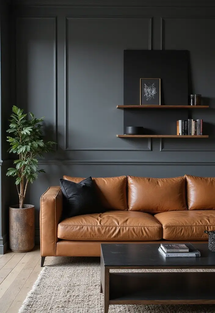27 Tan Leather Sofa Living Room Color Schemes That Feel Rich and Inviting - 27. Stylish Black Accents: Modern and Sleek
