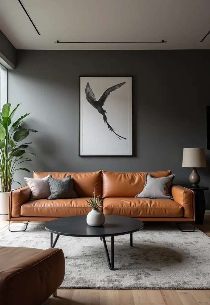 27 Tan Leather Sofa Living Room Color Schemes That Feel Rich and Inviting - 8. Modern Monochrome: Sleek and Sophisticated