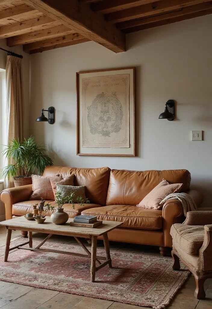 27 Tan Leather Sofa Living Room Color Schemes That Feel Rich and Inviting - 9. Rustic Charm: Warm and Welcoming