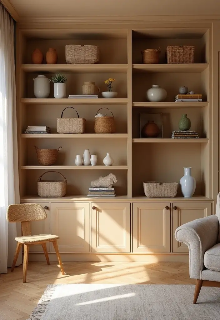 27 Tan Living Room Ideas That Feel Earthy and Inviting - 16. Smart Storage Solutions