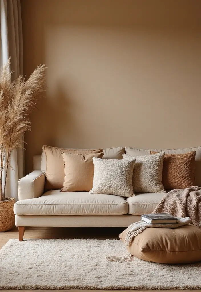 27 Tan Living Room Ideas That Feel Earthy and Inviting - 2. Layered Textiles for Comfort