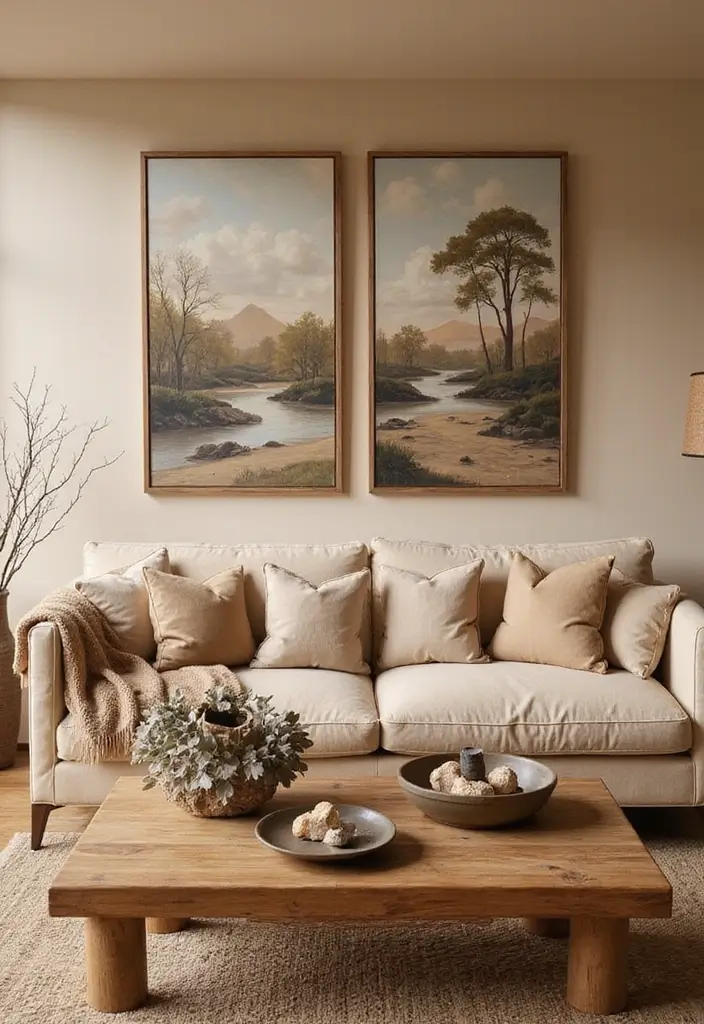 27 Tan Living Room Ideas That Feel Earthy and Inviting - 21. Artistic Display with Natural Elements