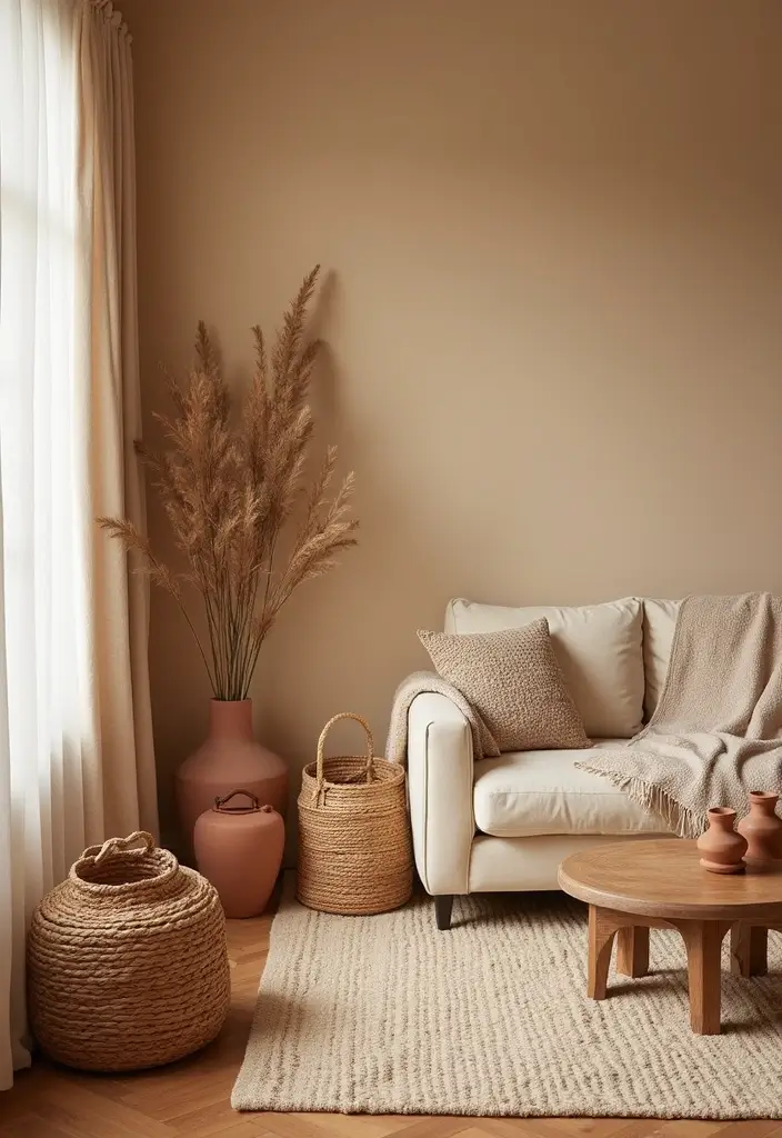 27 Tan Living Room Ideas That Feel Earthy and Inviting - 22. Earthy Accessories