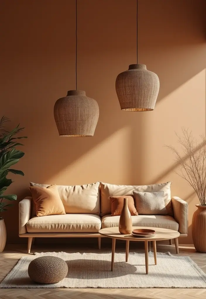 27 Tan Living Room Ideas That Feel Earthy and Inviting - 24. Statement Lighting Fixtures