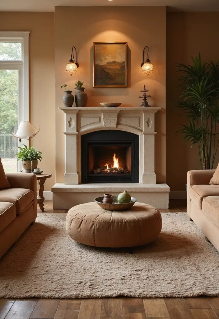 27 Tan Living Room Ideas That Feel Earthy and Inviting - 25. Cozy Fireplaces