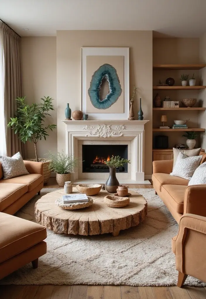 27 Tan Living Room Ideas That Feel Earthy and Inviting - 26. Natural Wonders with Geode Accents
