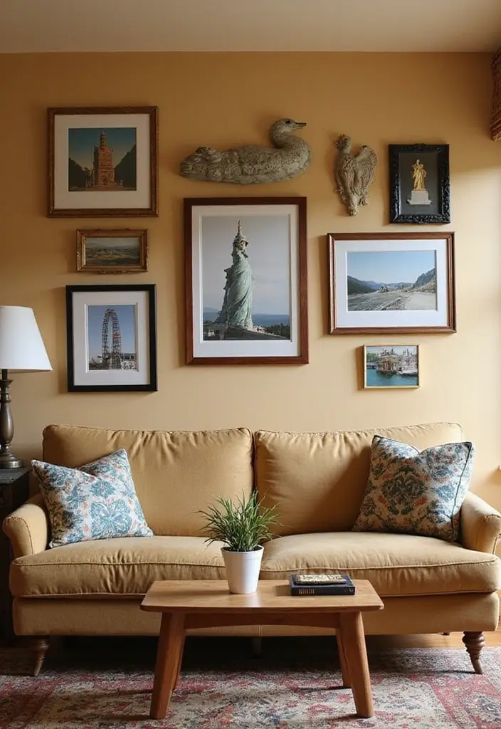 27 Tan Living Room Ideas That Feel Earthy and Inviting - 27. Personal Touches with Travel Mementos