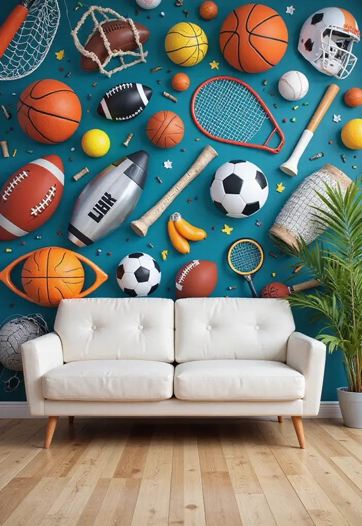 28 Boy Living Room Ideas That Feel Cool and Playful - 1. Sports-Themed Wall Murals