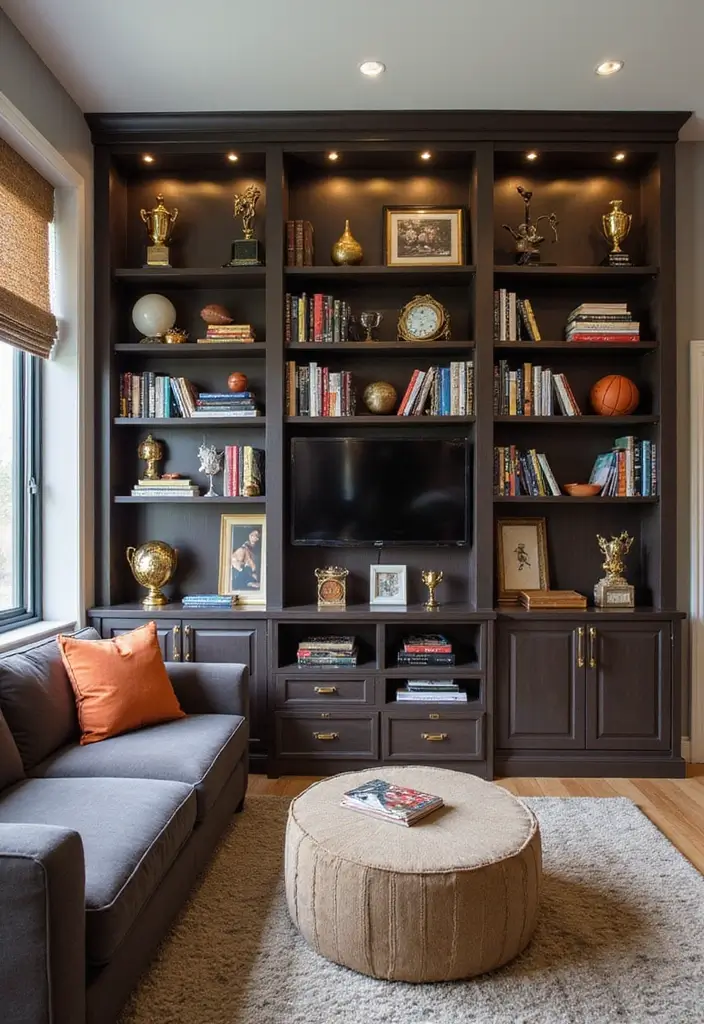 28 Boy Living Room Ideas That Feel Cool and Playful - 15. Sports-Themed Bookshelf