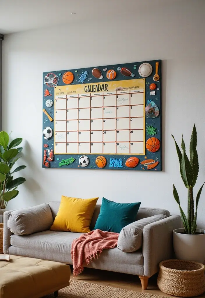 28 Boy Living Room Ideas That Feel Cool and Playful - 17. Sports-Themed Calendar