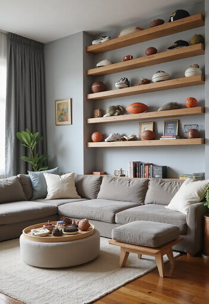 28 Boy Living Room Ideas That Feel Cool and Playful - 19. Mini Sports Equipment Displays