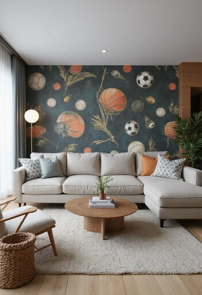 28 Boy Living Room Ideas That Feel Cool and Playful - 20. Sports Themed Wallpaper