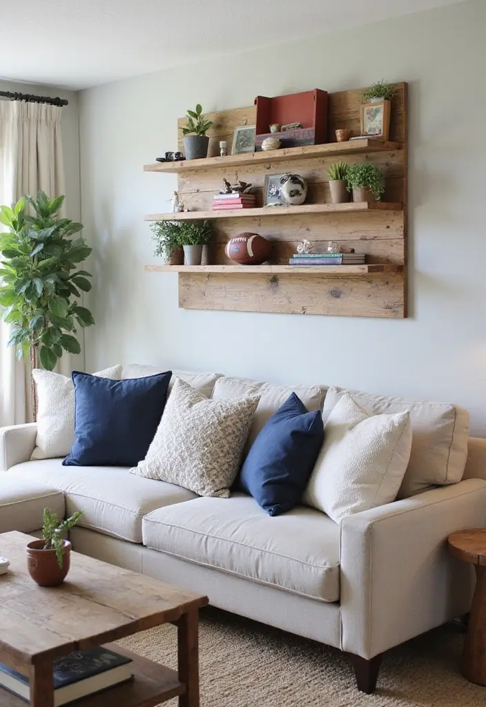 28 Boy Living Room Ideas That Feel Cool and Playful - 22. Creative DIY Sports Shelves