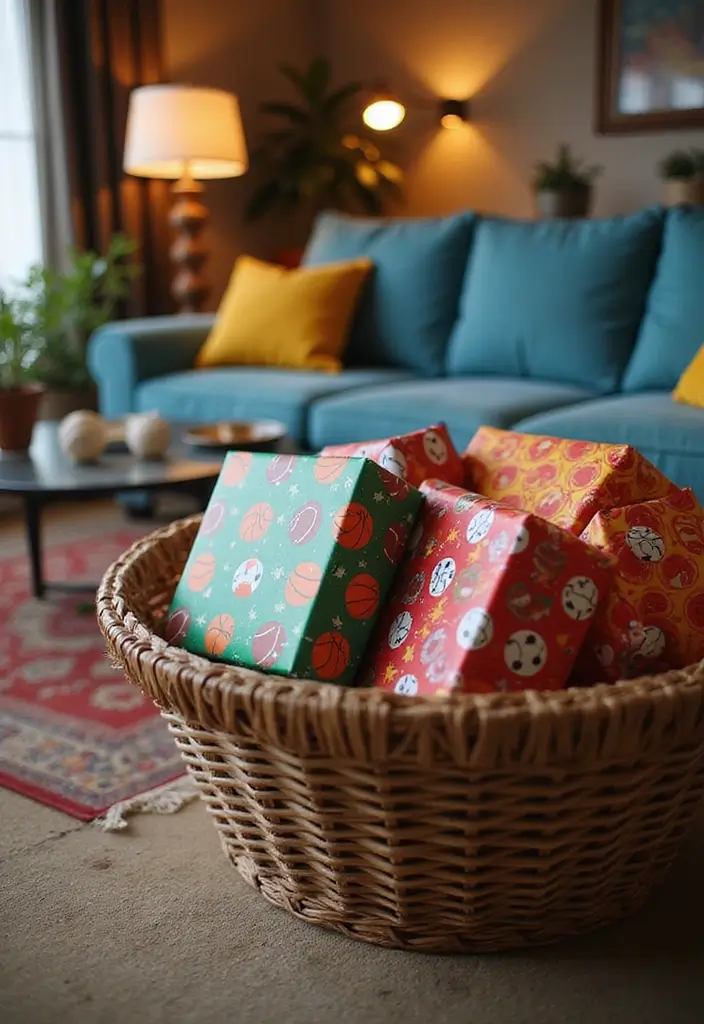 28 Boy Living Room Ideas That Feel Cool and Playful - 24. Sports-Themed Gift Wrap