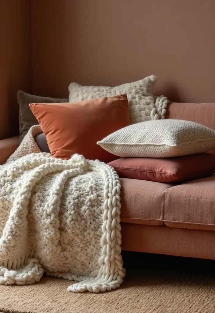 28 Brown Walls Living Room Decor Ideas That Feel Warm and Stylish - 1. Layered Textiles for Comfort