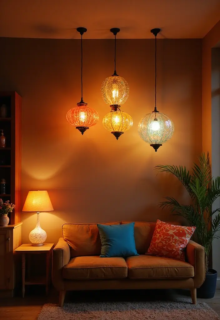 28 Brown Walls Living Room Decor Ideas That Feel Warm and Stylish - 12. Whimsical Lighting Fixtures