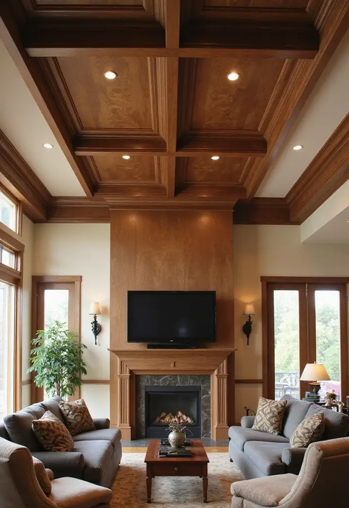 28 Brown Walls Living Room Decor Ideas That Feel Warm and Stylish - 13. Decorative Ceiling Treatments