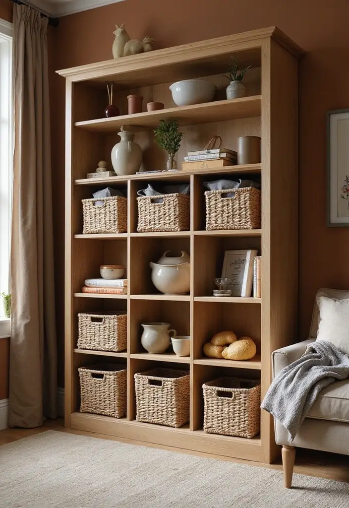 28 Brown Walls Living Room Decor Ideas That Feel Warm and Stylish - 14. Functional Yet Stylish Storage