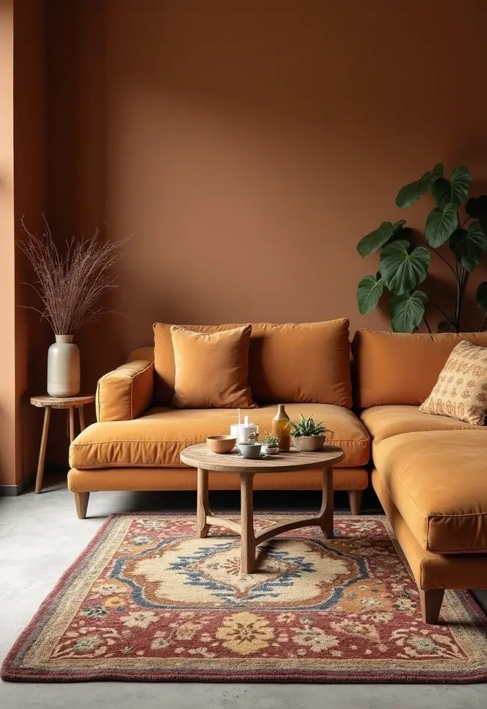 28 Brown Walls Living Room Decor Ideas That Feel Warm and Stylish - 16. Unique Rugs
