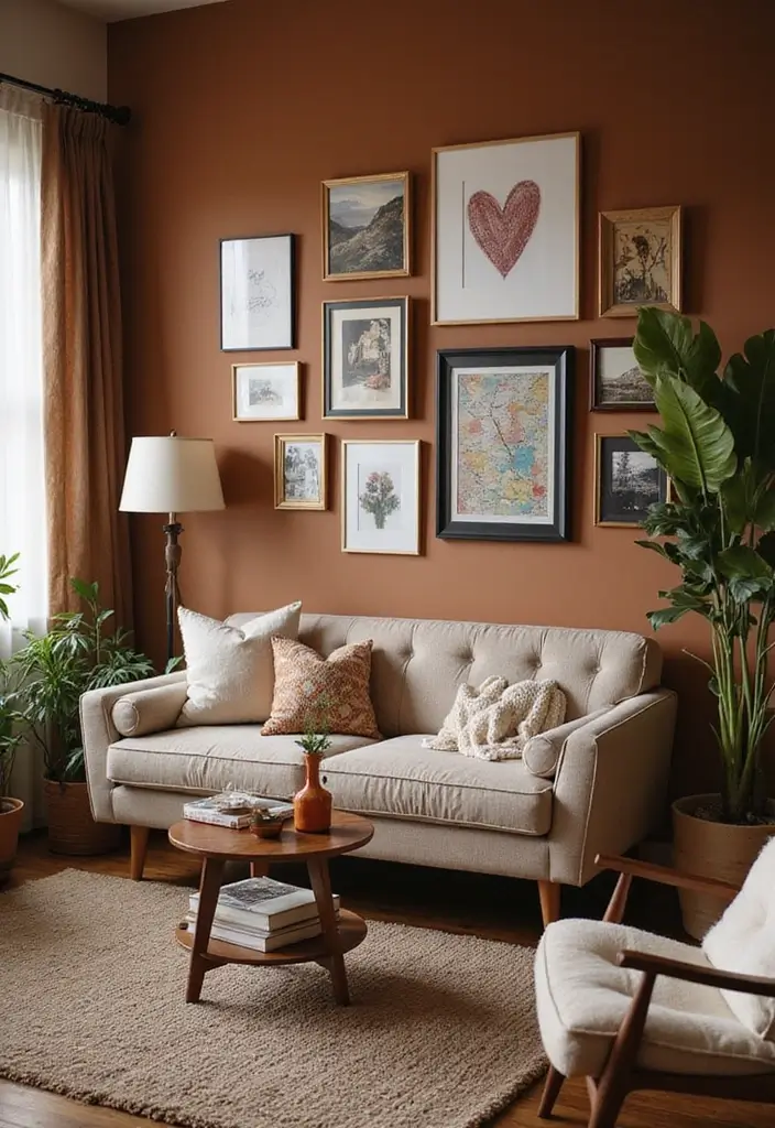 28 Brown Walls Living Room Decor Ideas That Feel Warm and Stylish - 17. Personal Touches
