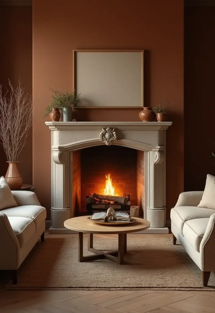 28 Brown Walls Living Room Decor Ideas That Feel Warm and Stylish - 18. Cozy Fireplace