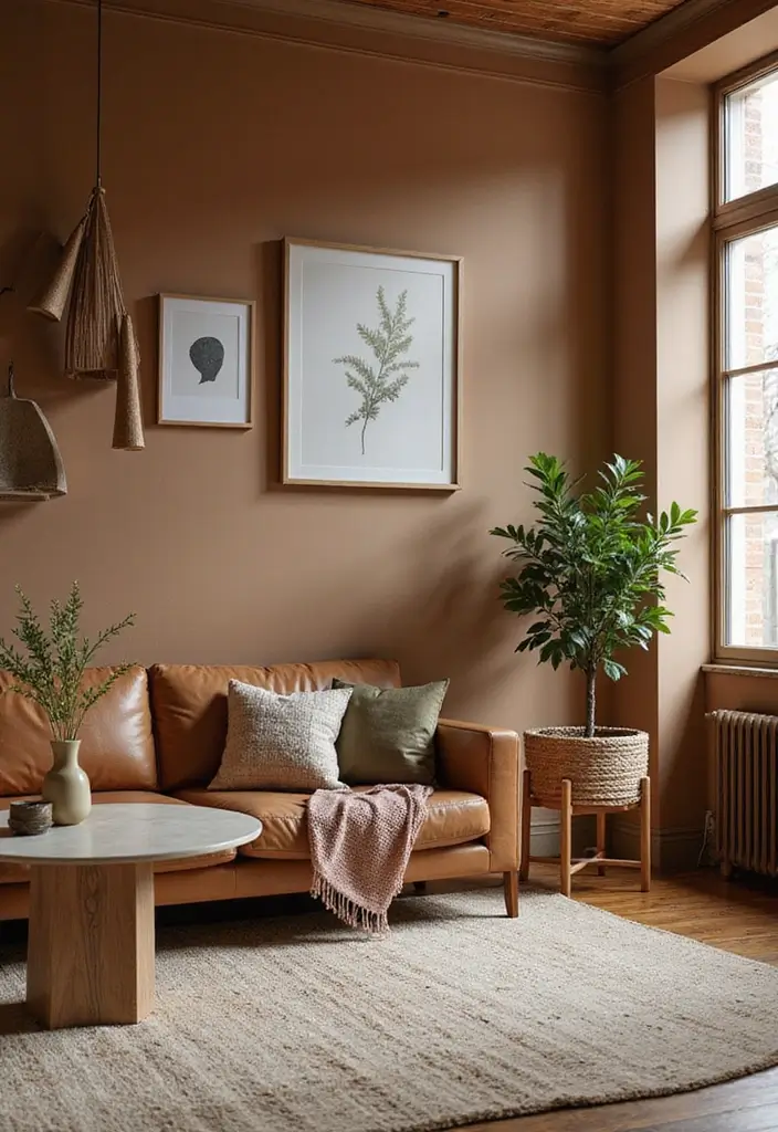 28 Brown Walls Living Room Decor Ideas That Feel Warm and Stylish - 20. Layered Decor