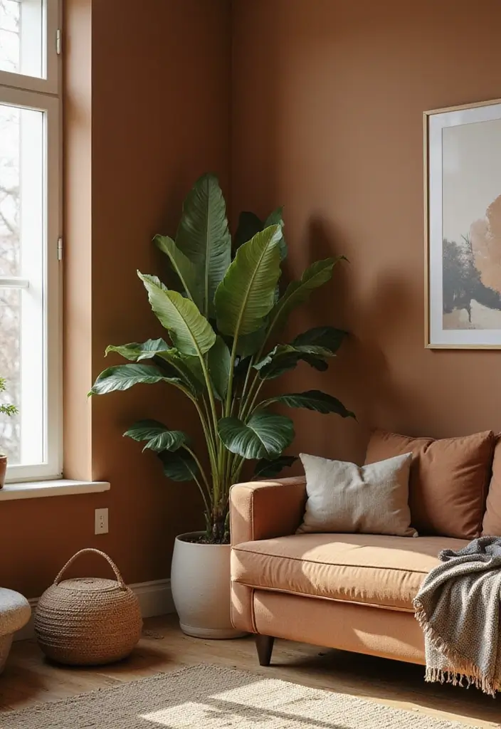 28 Brown Walls Living Room Decor Ideas That Feel Warm and Stylish - 24. Corner Displays