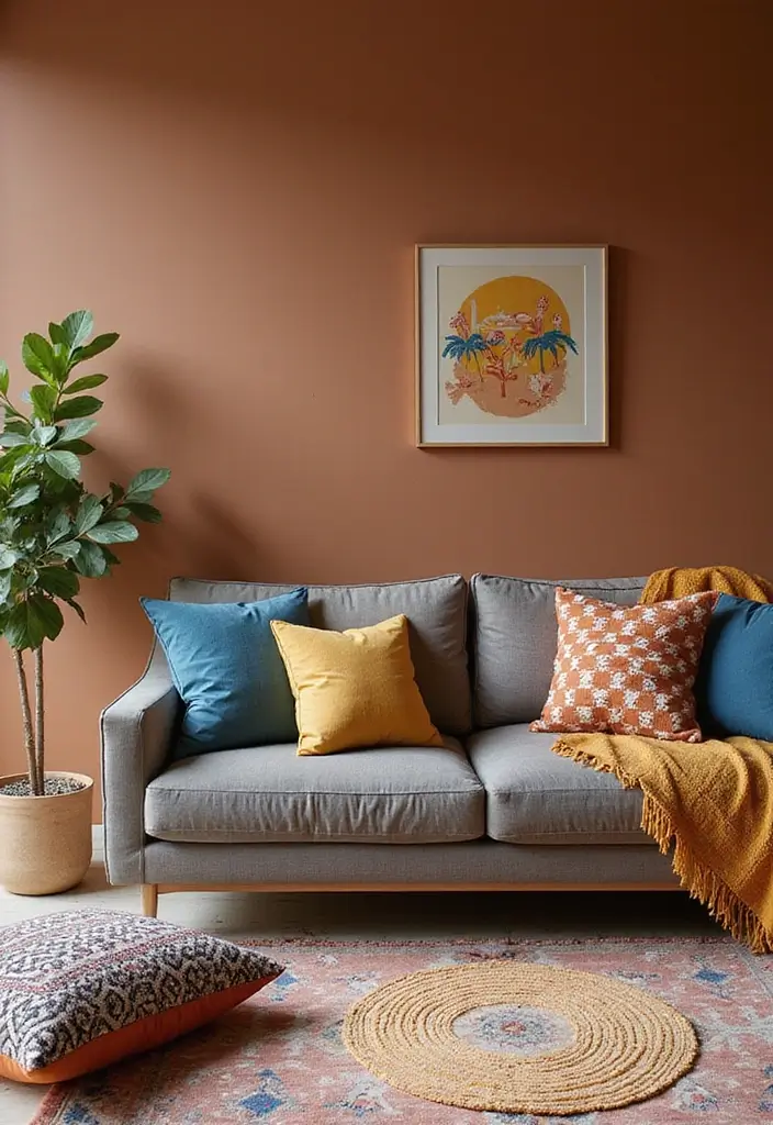 28 Brown Walls Living Room Decor Ideas That Feel Warm and Stylish - 25. Playful Patterns