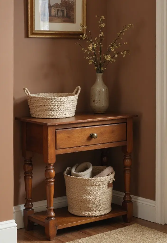 28 Brown Walls Living Room Decor Ideas That Feel Warm and Stylish - 26. Cozy Footwear Storage