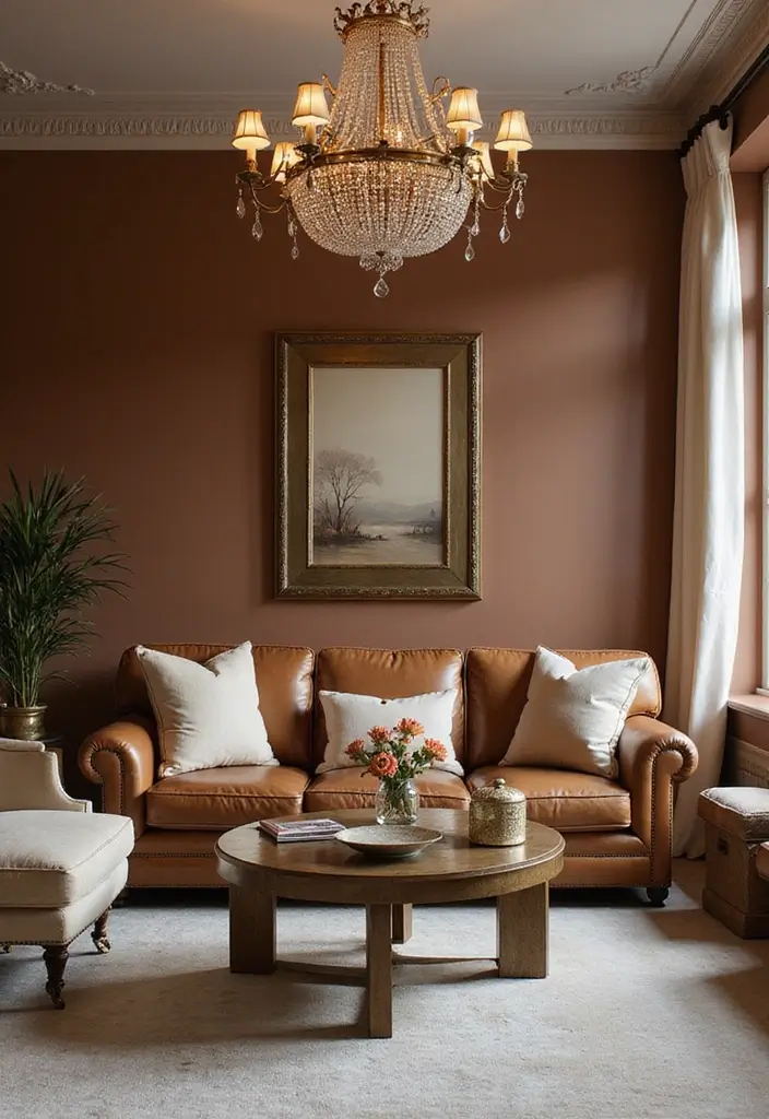 28 Brown Walls Living Room Decor Ideas That Feel Warm and Stylish - 28. A Touch of Glamour