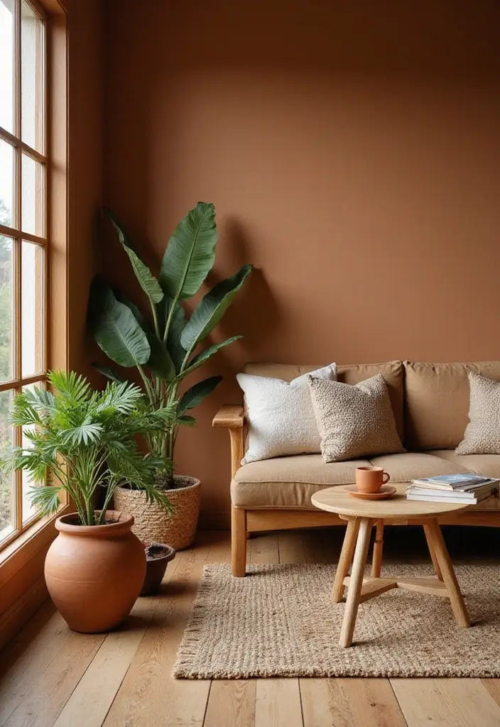 28 Brown Walls Living Room Decor Ideas That Feel Warm and Stylish - 5. Natural Elements