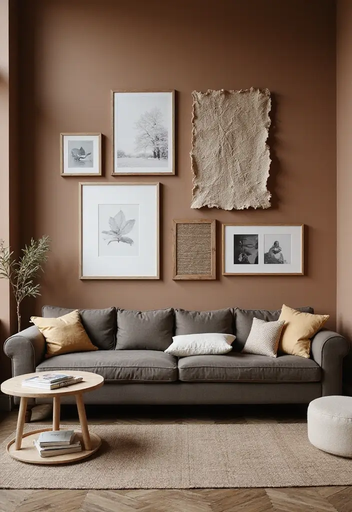 28 Brown Walls Living Room Decor Ideas That Feel Warm and Stylish - 6. Artistic Wall Decor