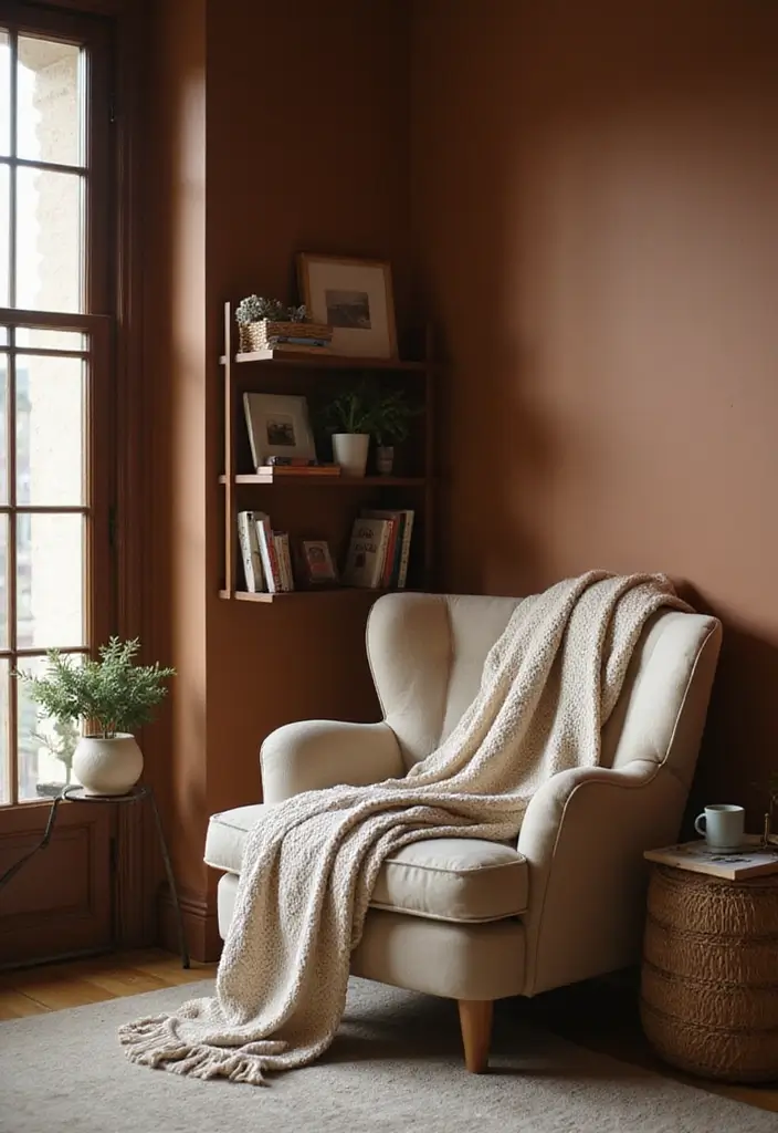 28 Brown Walls Living Room Decor Ideas That Feel Warm and Stylish - 7. Cozy Reading Nook