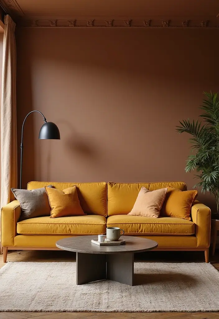 28 Brown Walls Living Room Decor Ideas That Feel Warm and Stylish - 8. Statement Furniture