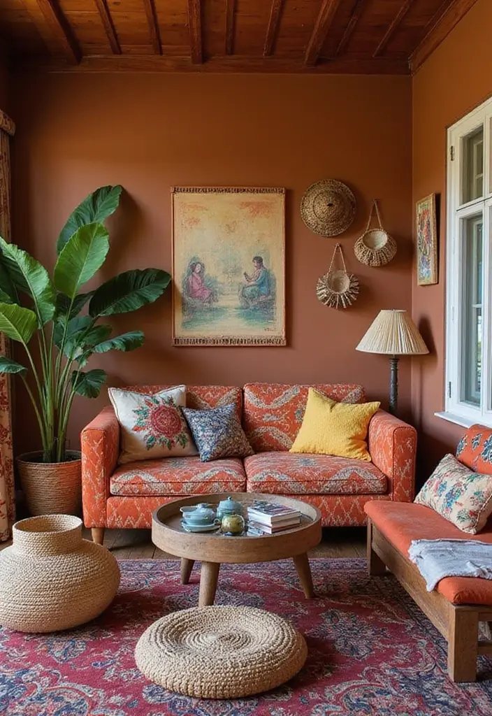 28 Brown Walls Living Room Decor Ideas That Feel Warm and Stylish - 9. Bohemian Accents