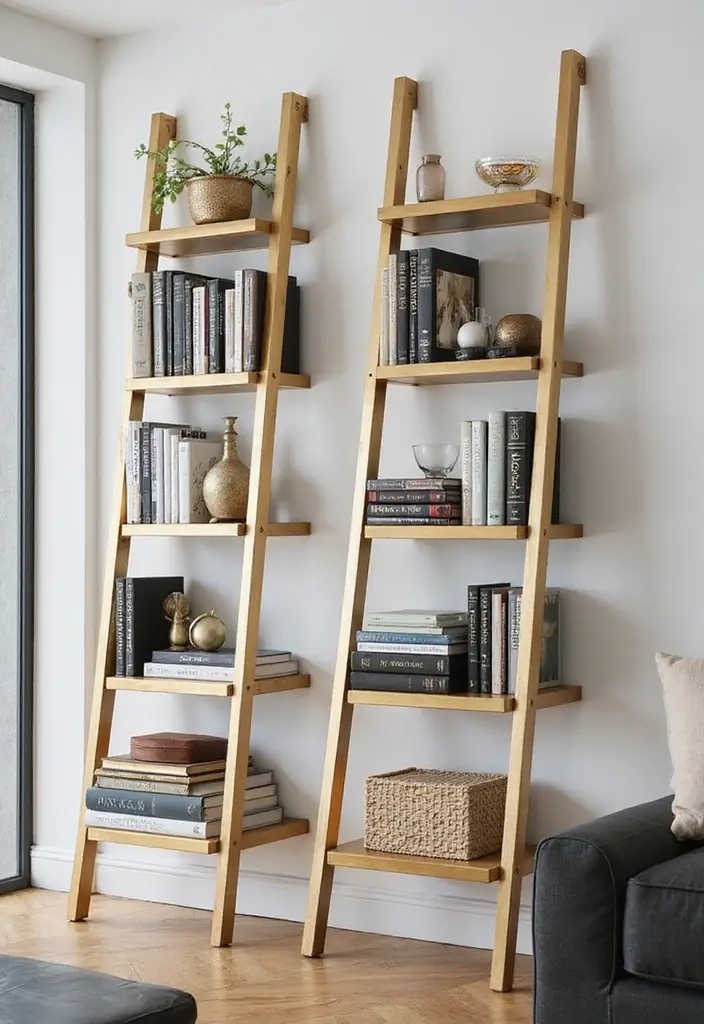 28 Gold Accent Living Room Ideas That Add Shine and Glamour - 14. Gold Ladder Shelves